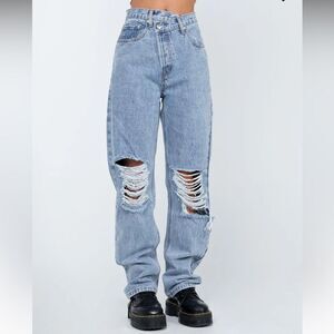 Princess Polly 8 Holly Asymmetric Rip Leg Jeans Light Wash Denim Baggy New‎